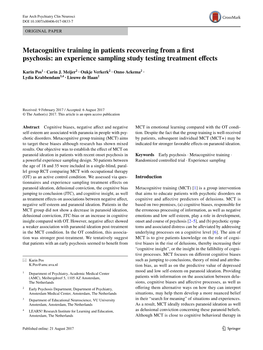 Metacognitive Training in Patients Recovering from a First Psychosis