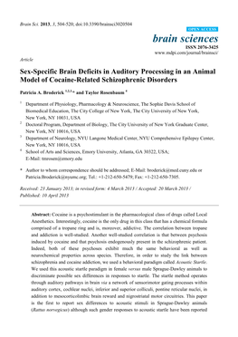 Sex-Specific Brain Deficits in Auditory Processing in an Animal Model of Cocaine-Related Schizophrenic Disorders