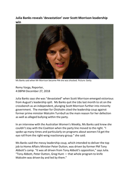 Julia Banks Reveals 'Devastation' Over Scott Morrison Leadership