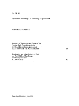 Department of Geology • University of Queensland VOLUME 10 NUMBER 2 Summary of Formations and Faunas of the Permian Back Creek