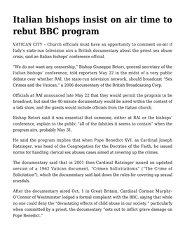 Italian Bishops Insist on Air Time to Rebut BBC Program
