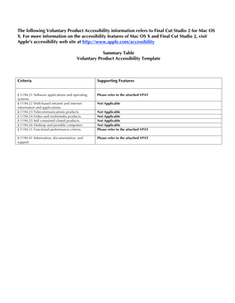 The Following Voluntary Product Accessibility Information Refers to Final Cut Studio 2 for Mac OS X. for More Information On
