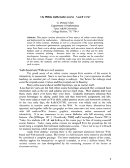 Web-Based and Web-Assisted Courses the Grand Scope of an Online Course Sweeps from Creation of the Course to Interactivity to Assessment