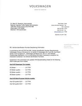 2020 Audi VIN Breakdown Sheet for U.S. Models