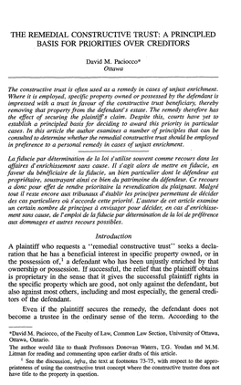 Tide Remedial Constructive Trust: a Principled Basis for Priorities Over Creditors