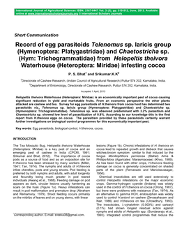 Record of Egg Parasitoids Telenomus Sp. Laricis Group (Hymenoptera: Platygastridae) and Chaetostricha Sp