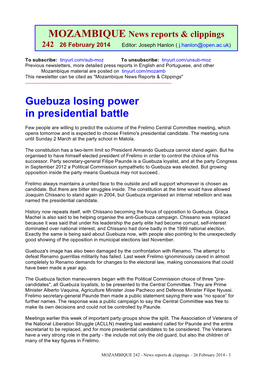 Guebuza Losing Power in Presidential Battle
