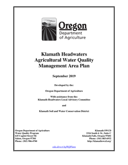 Klamath Headwaters Agricultural Water Quality Management Area Plan