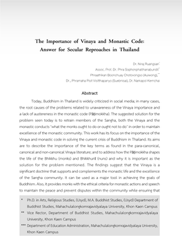 The Importance of Vinaya and Monastic Code: Answer for Secular Reproaches in Thailand