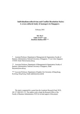 Individualism-Collectivism and Conflict Resolution Styles: a Cross-Cultural Study of Managers in Singapore