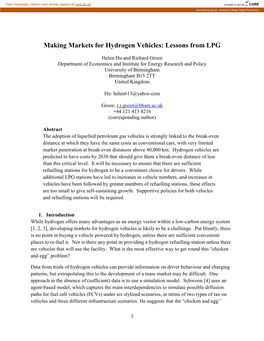 Making Markets for Hydrogen Vehicles: Lessons from LPG