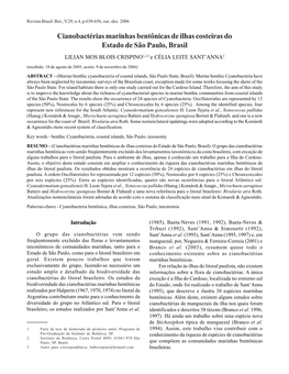 Cianobactérias Marinhas Bentônicas De Ilhas Costeiras Do Estado De São Paulo, Brasil LILIAN MOS BLOIS CRISPINO1,2,3 E CÉLIA LEITE SANT’ANNA2