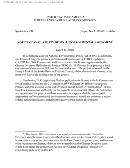 Chester Diversion FERC Environmental Assessment 2008