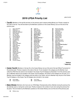 2019 LPGA Priority List JAN-07-2019