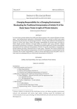 Changing Responsibility for a Changing Environment: Revalua Ng the Tradi Onal Interpreta on of Ar Cle VI of the Outer Space Trea