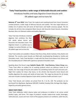 Tasty Treat Launches a Wide Range of Delectable Biscuits and Cookies Introduces Healthy and Tasty Digestive Cream Biscuits with 0% Added Sugar and No Trans Fat