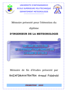 Mémoire Présenté Pour L'obtention Du Diplôme D'ingenieur DE LA METEOROLOGIE Mémoire De Fin D'études Présenté