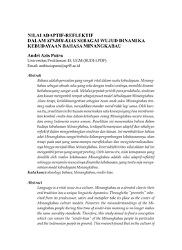 Nilai Adaptif-Reflektif Dalam Sindir-Kias Sebagai Wujud Dinamika Kebudayaan Bahasa Minangkabau