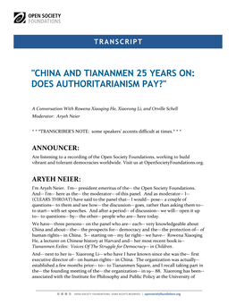 "China and Tiananmen 25 Years On: Does Authoritarianism Pay?"