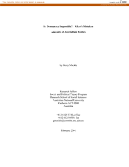 Is Democracy Impossible?: Riker's Mistaken Accounts of Antebellum Politics by Gerry Mackie Research Fellow Social and Politica