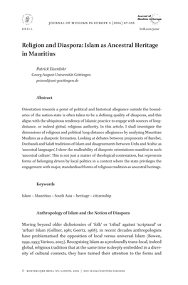 Religion and Diaspora: Islam As Ancestral Heritage in Mauritius