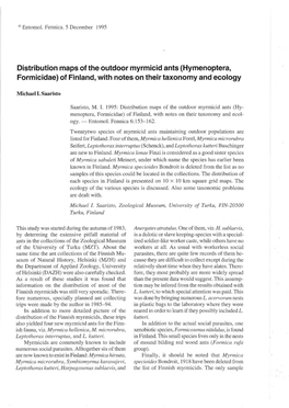 Distribution Maps of the Outdoor Myrmicid Ants (Hymenoptera, Formicidae) of Finland, with Notes on Their Taxonomy and Ecology