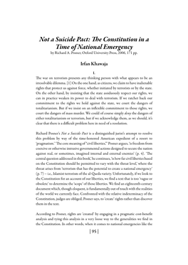 Not a Suicide Pact: the Constitution in a Time of National Emergency by Richard A