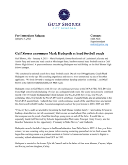 Gulf Shores Announces Mark Hudspeth As Head Football Coach