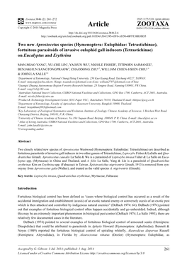 Hymenoptera: Eulophidae: Tetrastichinae), Fortuitous Parasitoids of Invasive Eulophid Gall Inducers (Tetrastichinae) on Eucalyptus and Erythrina