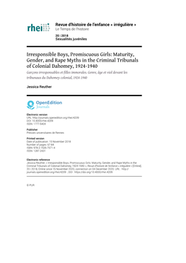 Maturity, Gender, and Rape Myths in the Criminal Tribunals of Colonial Dahomey, 1924-1940 Garçons Irresponsables Et Filles Immorales