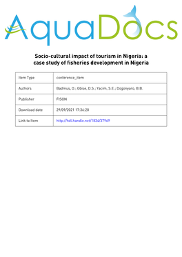 FISHERIES Resol RC£SPOTE)Ltials. SOCIO-CULTURAL IMPACT of TOURISM in NIGERIA