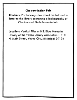 Choctaw Indian Fair Contents: Partial Magazine About the Fair and a Letter to the Library Containing a Bibliography of Choctaw and Neshoba Materials