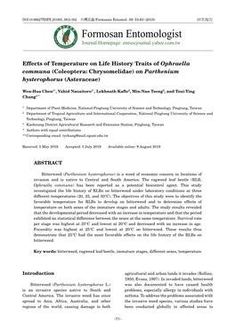 Formosan Entomologist Journal Homepage: Entsocjournal.Yabee.Com.Tw