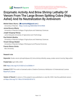 Naja Ashei) and Its Neutralization by Antivenom