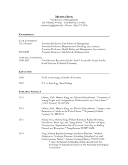 MARISSA KING Yale School of Management 165 Whitney Avenue New Haven, CT 06511 Marissa.King@Yale.Edu | Phone: (646) 573-3290