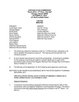 CHICAGO PLAN COMMISSION *Room 201A - 2 Nd Floor, City Hall* Chicago, Illinois 60602 OCTOBER 21, 2010 121 North Lasalle Street