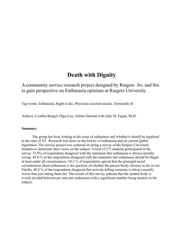 Death with Dignity a Community Service Research Project Designed by Rutgers Jrs