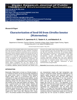 Characterization of Seed Oil from Citrullus Lanatus (Watermelon)