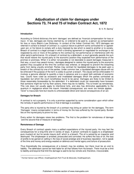 Adjudication of Claim for Damages Under Sections 73, 74 and 75 of Indian Contract Act, 1872