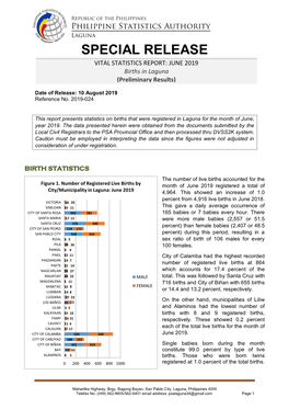 Special Release Vital Statistics Report: June 2019