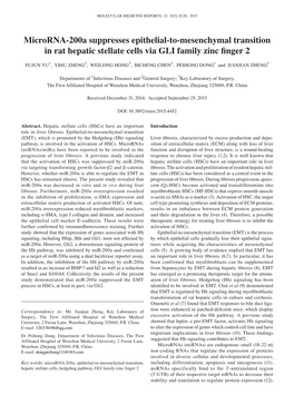 Microrna‑200A Suppresses Epithelial‑To‑Mesenchymal Transition in Rat Hepatic Stellate Cells Via GLI Family Zinc Finger 2