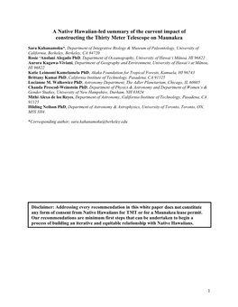 A Native Hawaiian-Led Summary of the Current Impact of Constructing the Thirty Meter Telescope on Maunakea