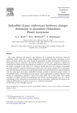 Jackrabbit (Lepus Californicus) Herbivory Changes Dominance in Desertiﬁed Chihuahuan Desert Ecosystems