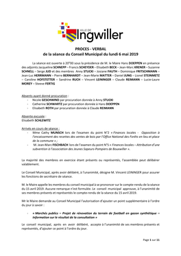 PROCES - VERBAL De La Séance Du Conseil Municipal Du Lundi 6 Mai 2019