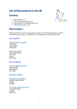 List of Neurocentres in the UK