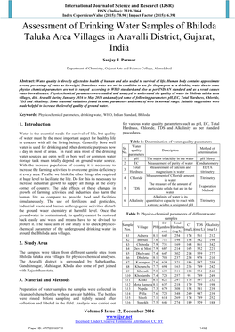 Assessment of Drinking Water Samples of Bhiloda Taluka Area Villages in Aravalli District, Gujarat, India