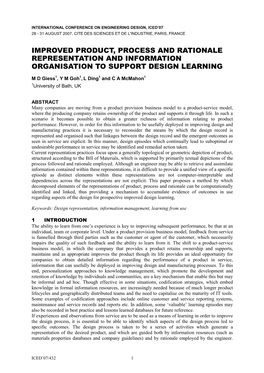Improved Product, Process and Rationale Representation and Information Organisation to Support Design Learning
