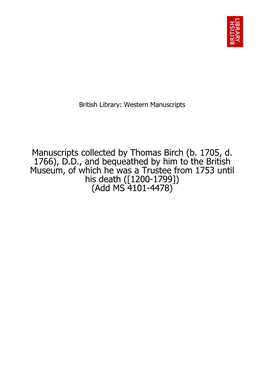 Manuscripts Collected by Thomas Birch (B. 1705, D. 1766)