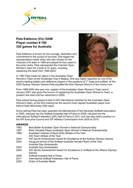 Peta Edebone (Vic) OAM Player Number # 160 330 Games for Australia