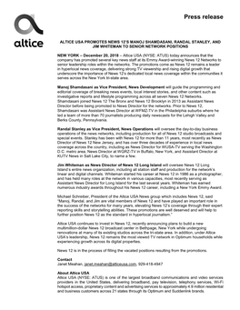 Press Release Altice USA Promotes News 12'S Manoj Shamdasani